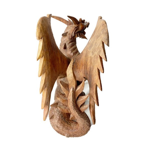 Wood Carved Flying Dragon Fantasy Large 12” X 12” - Picture 8 of 9